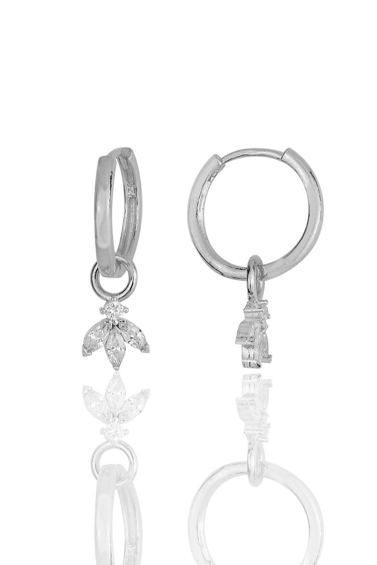 Gümüş rodyumlu  zirkon üç taşlı lotus çiçeği küpe SGTL11939RODAJ