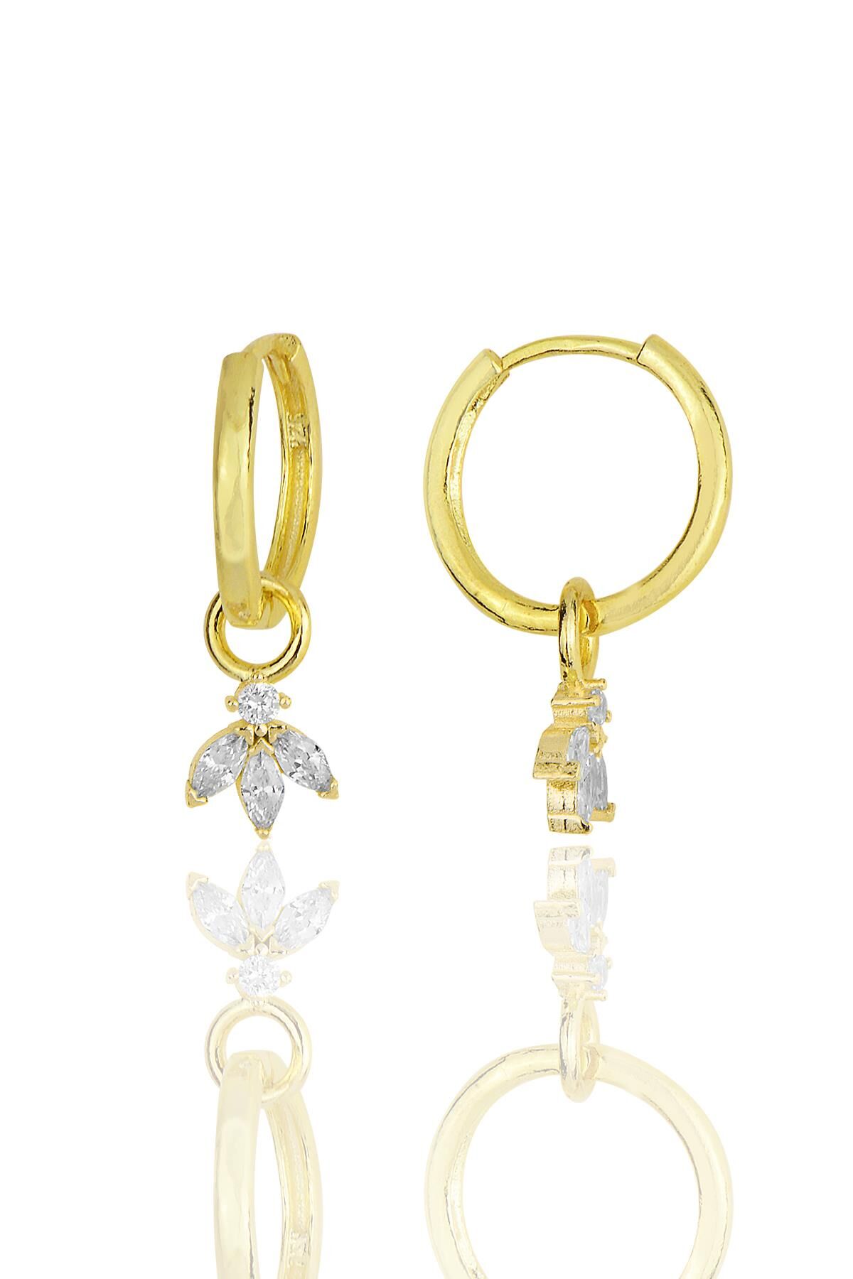 Gümüş altın yaldızlı zirkon  üç taşlı lotus çiçeği küpe SGTL11939GOLD