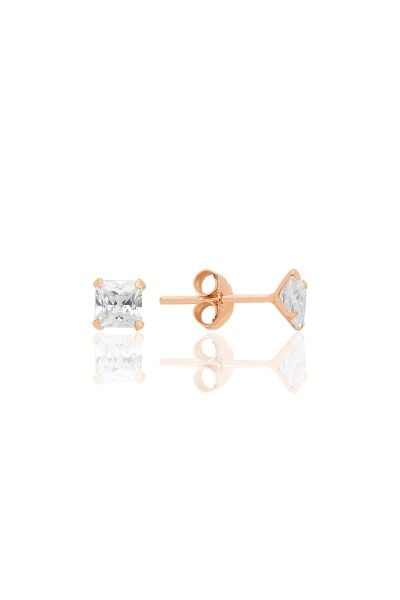 Gümüş zirkon taşlı,rose, kare (Prenses) kesim 4 mm tektaş küpe SGTL12742ROSE