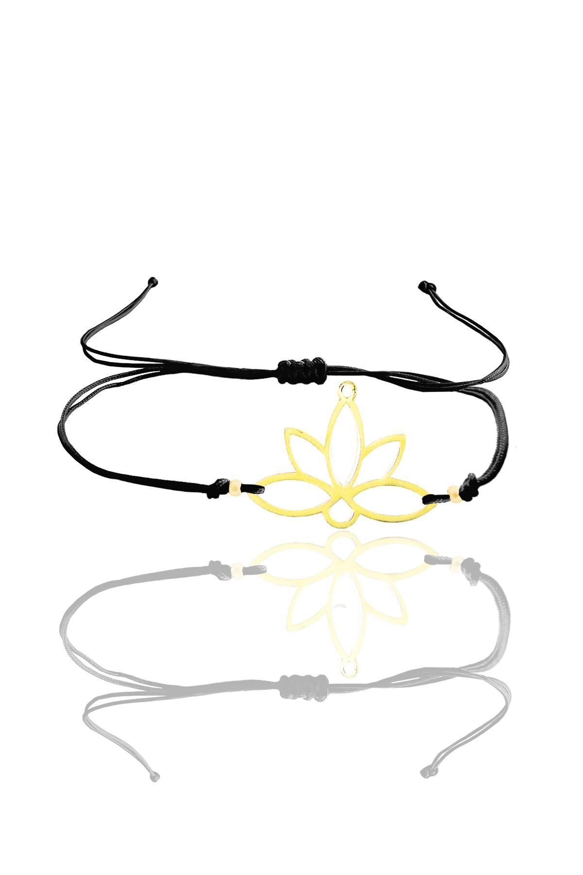 Gümüş altın yaldızlı lotus yaşam çiçeği siyah ipli bileklik SGTL12060GOLD
