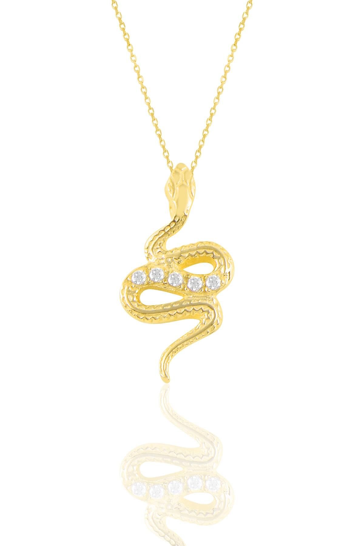 Gümüş altın yaldızlı zirkon taşlı yılan kolye SGTL11194GOLD