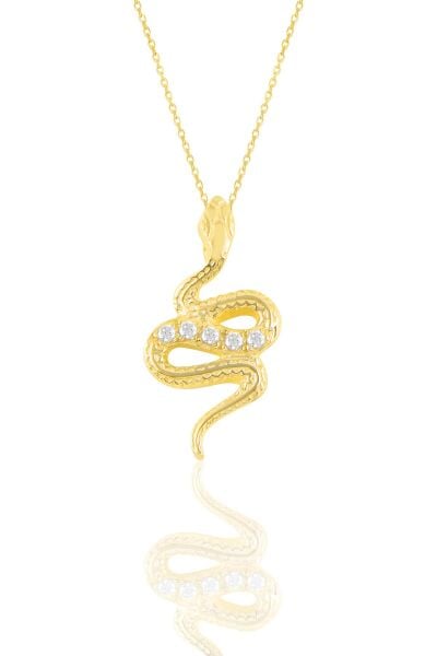 Gümüş altın yaldızlı zirkon taşlı yılan kolye SGTL11194GOLD