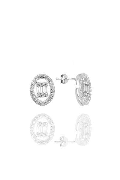 Gümüş rodyumlu oval gümüş düz baget taşlı küpe SGTL10745KUPE