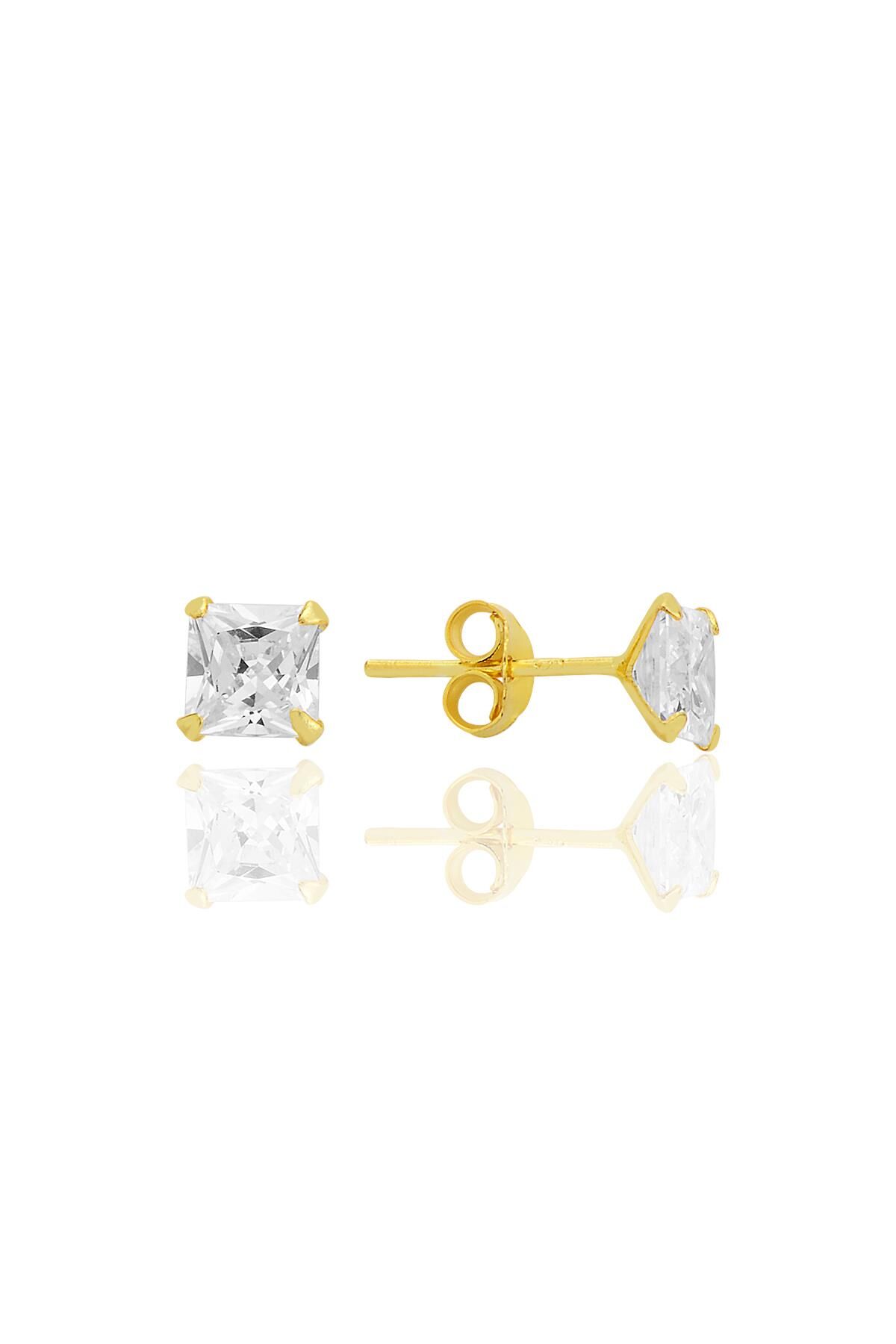 Gümüş zirkon taşlı,altın yaldızlı,kare (Prenses) kesim 5 mm tektaş küpe SGTL12743GOLD