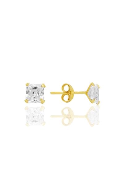 Gümüş zirkon taşlı,altın yaldızlı,kare (Prenses) kesim 5 mm tektaş küpe SGTL12743GOLD