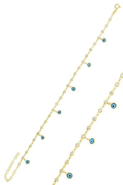 Gümüş altın yaldızlı zirkon taşlı cam göz sallantılı halhal SGTL11731GOLD
