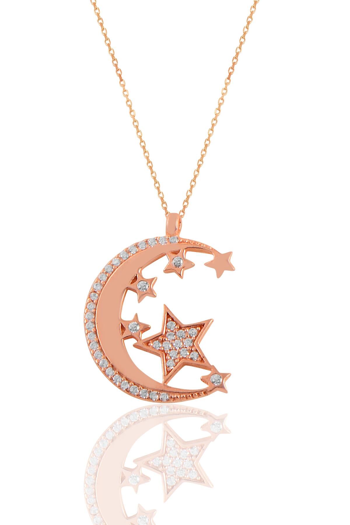 Gümüş rose zirkon taşlı ay ve yıldızlar kolye SGTL11192ROSE