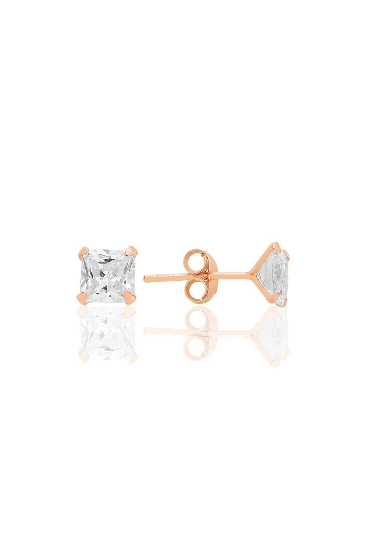 Gümüş zirkon taşlı,rose,kare (Prenses) kesim 5 mm tektaş küpe SGTL12743ROSE