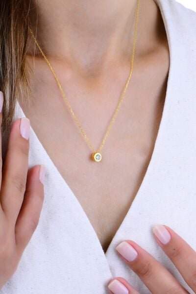 Gümüş altın yaldızlı zirkon tek taş yuvarlak kolye SGTL13001YVLK