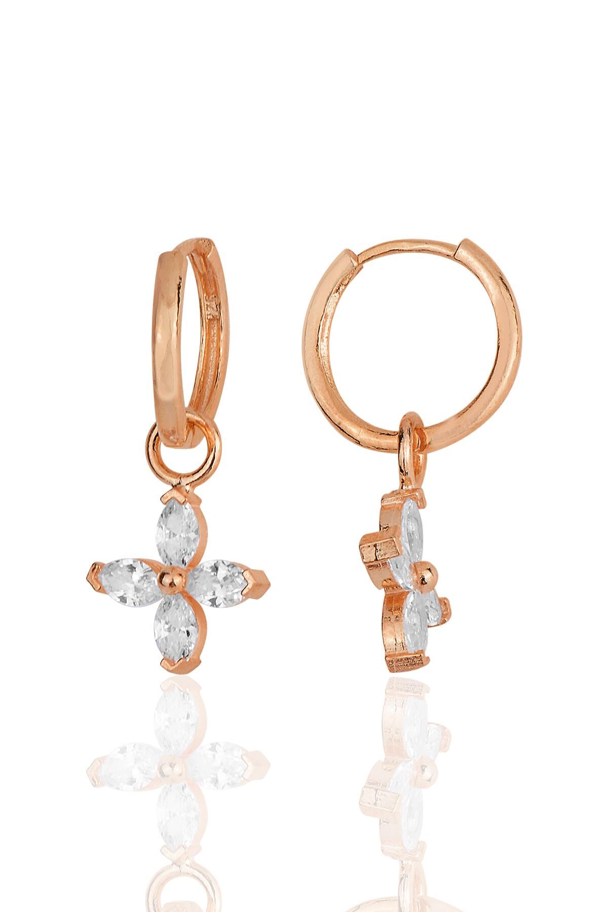 Gümüş rose zirkon taşlı dört yapraklı yonca küpe SGTL11937ROSE