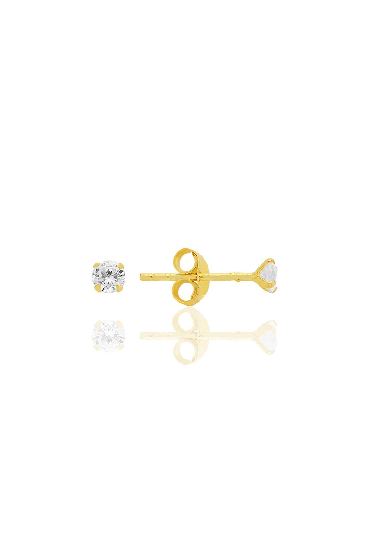 Gümüş zirkon taşlı, altın yaldızlı, yuvarlak kesim 3 mm tektaş küpe SGTL12744GOLD
