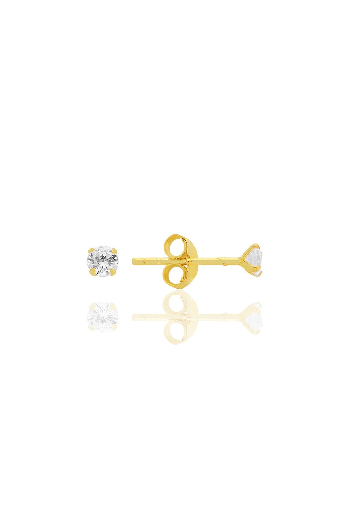 Gümüş zirkon taşlı, altın yaldızlı, yuvarlak kesim 3 mm tektaş küpe SGTL12744GOLD