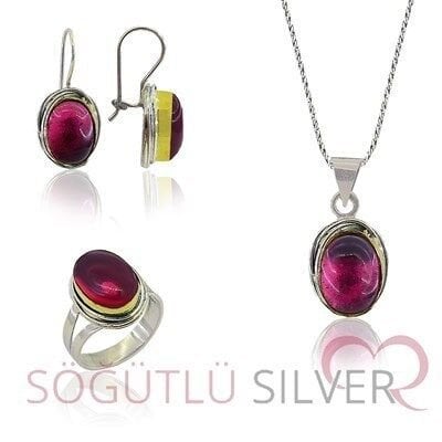 lal taşlı sarmalı üçlü set SGTL3173