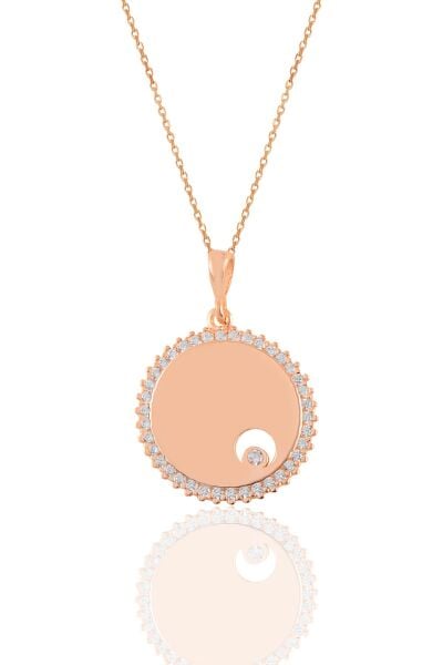 Gümüş rose zirkon tek taşlı yuvarlak kolye SGTL11191ROSE