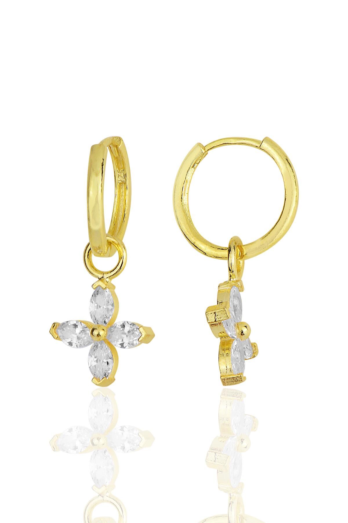 Gümüş altın yaldızlı zirkon taşlı dört yapraklı yonca küpe SGTL11937GOLD