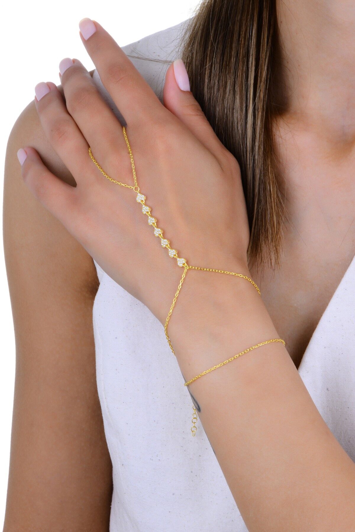 Gümüş altın yaldızlı zirkon taşlı sıralı kalpler şahmeran SGTL13004GOLD