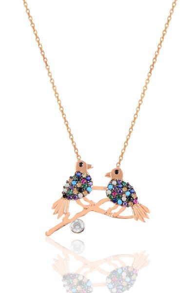 Gümüş rose renkli taşlı daldaki kuşlar kolye SGTL10400ROSE