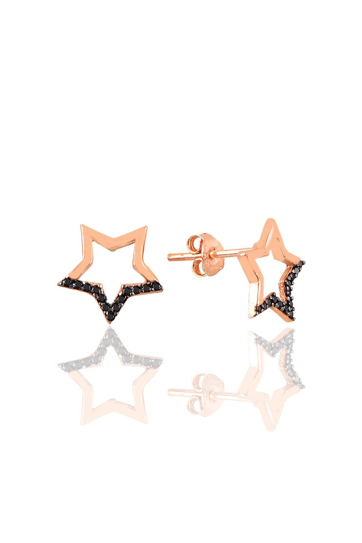 Gümüş rose siyah taşlı yıldız küpe SGTL11008SIYAH