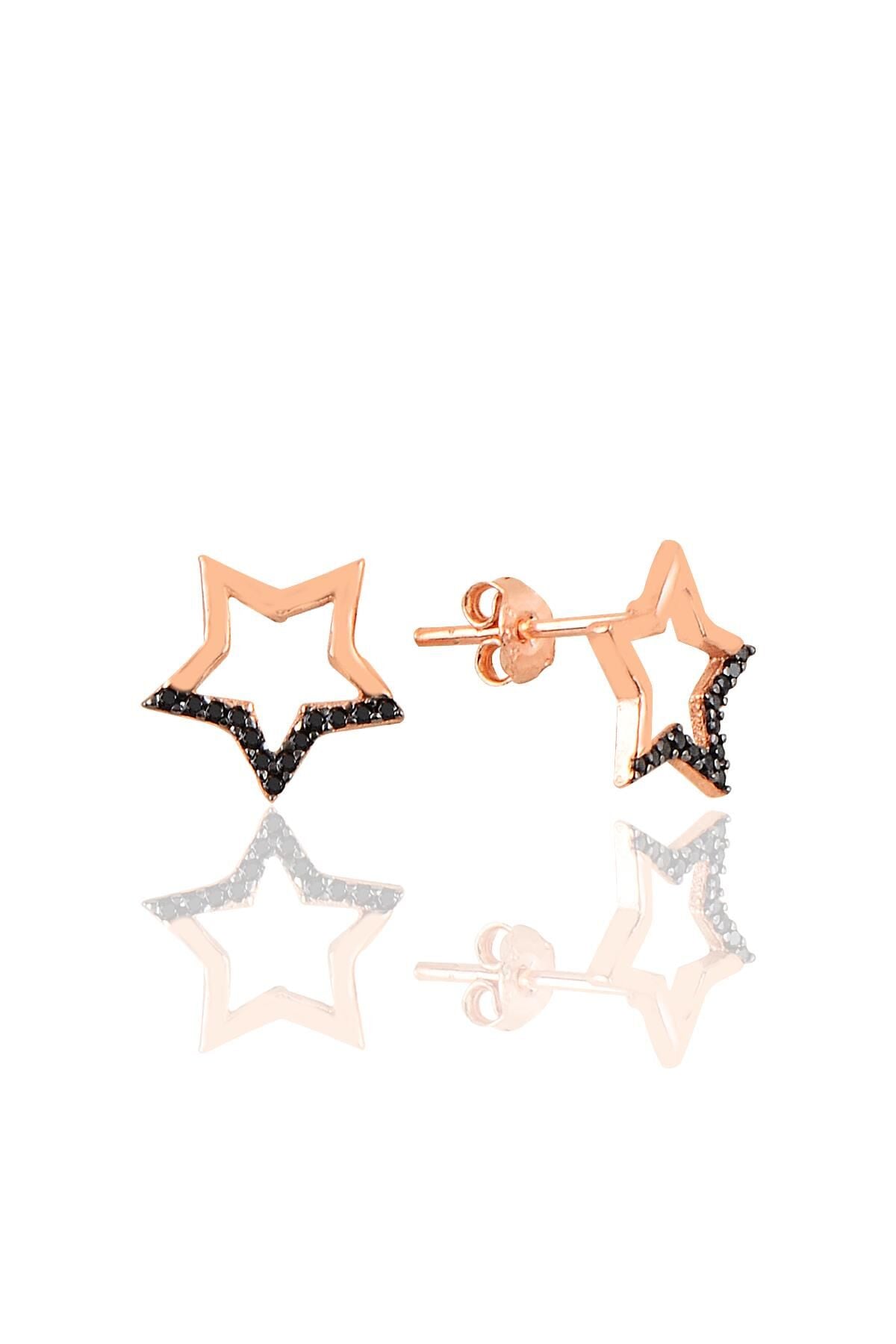 Gümüş rose siyah taşlı yıldız küpe SGTL11008SIYAH