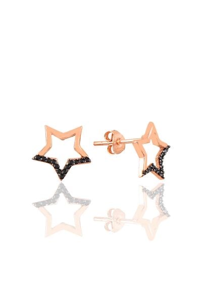 Gümüş rose siyah taşlı yıldız küpe SGTL11008SIYAH