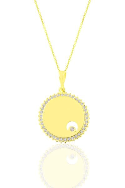 Gümüş altın yaldızlı zirkon tek taşlı yuvarlak kolye SGTL11191GOLD