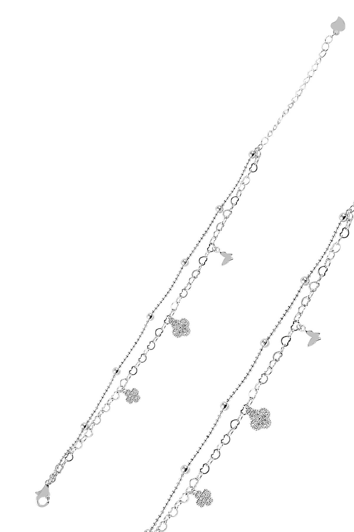 Gümüş çift zincirli zirkon taşlı top top modeli şans bileklik SGTL9050