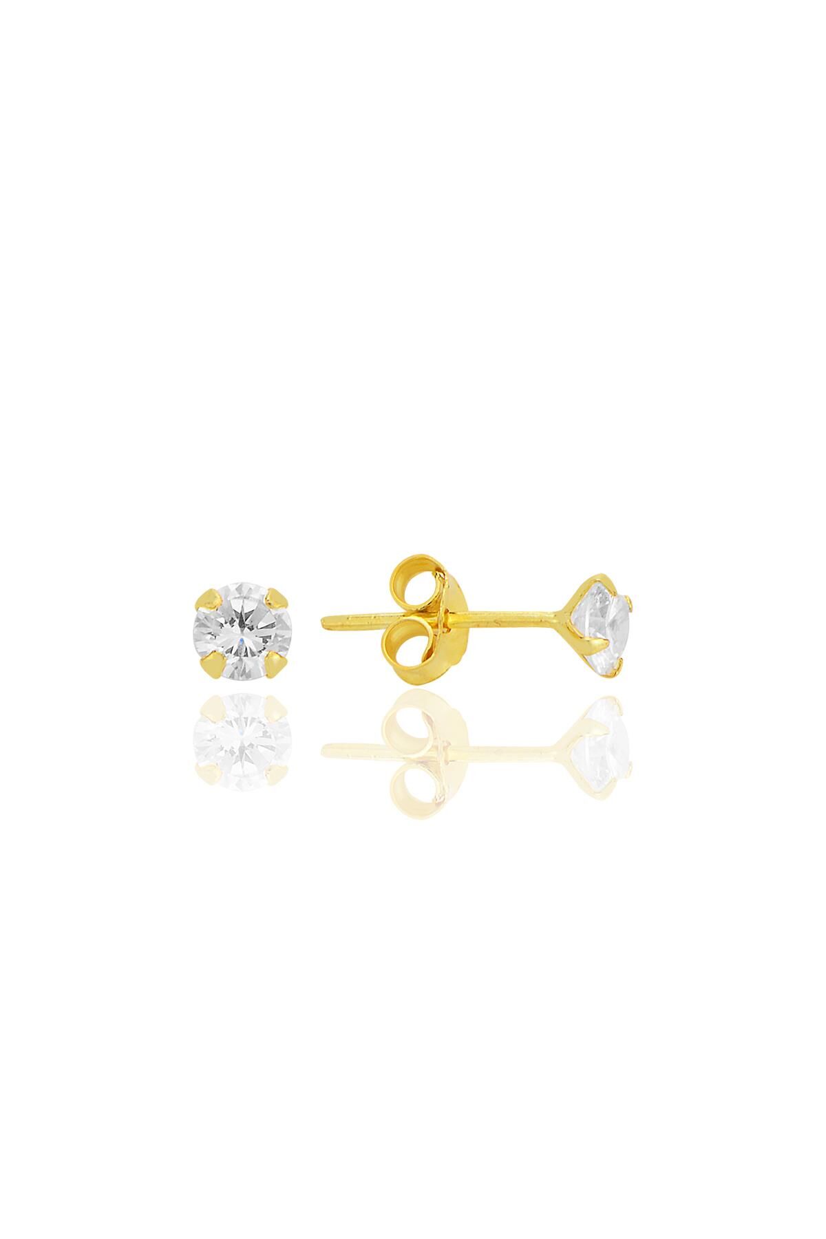 Gümüş zirkon taşlı,altın yaldızlı, yuvarlak kesim 4 mm tektaş küpe SGTL12745GOLD