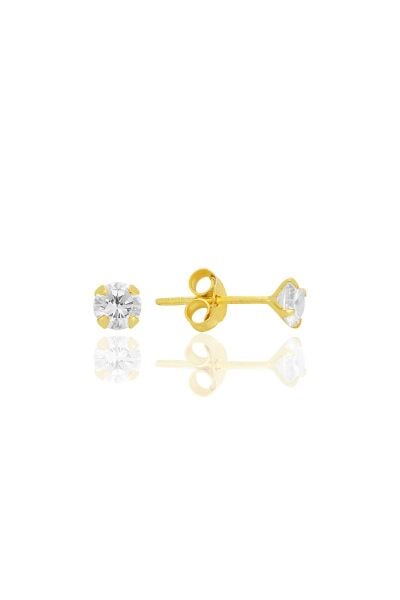 Gümüş zirkon taşlı,altın yaldızlı, yuvarlak kesim 4 mm tektaş küpe SGTL12745GOLD