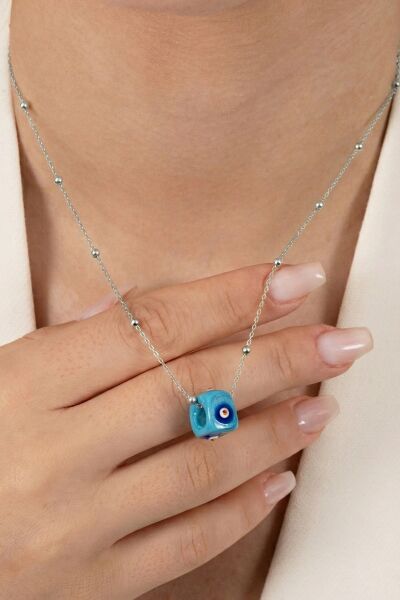 Gümüş turkuaz taşlı mineli top top zincirli kolye SGTL7308RODAJ