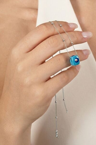 Gümüş turkuaz taşlı mineli top top zincirli kolye SGTL7308RODAJ