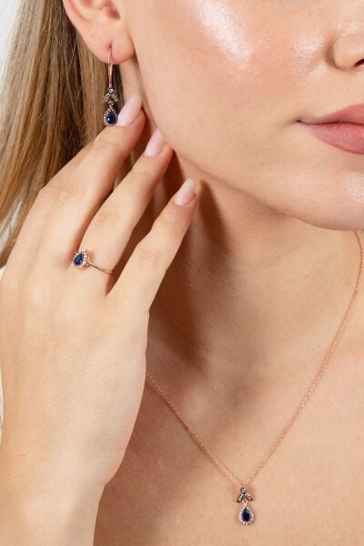 Gümüş rose safir taşlı damla üçlü set SGTL10988SAFIR