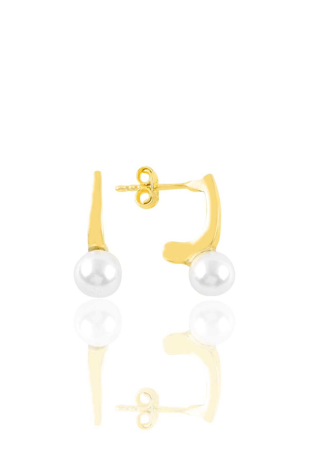 Gümüş altın yaldızlı incili modern tasarımlı küpe SGTL11359GOLD