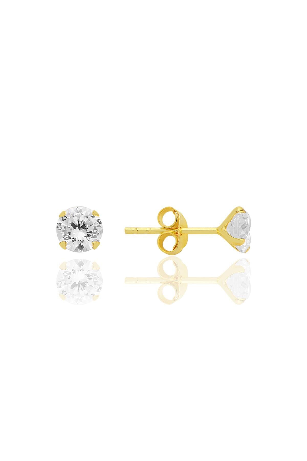 Gümüş zirkon taşlı,altın yaldızlı, yuvarlak kesim 5 mm tektaş küpe SGTL12746GOLD