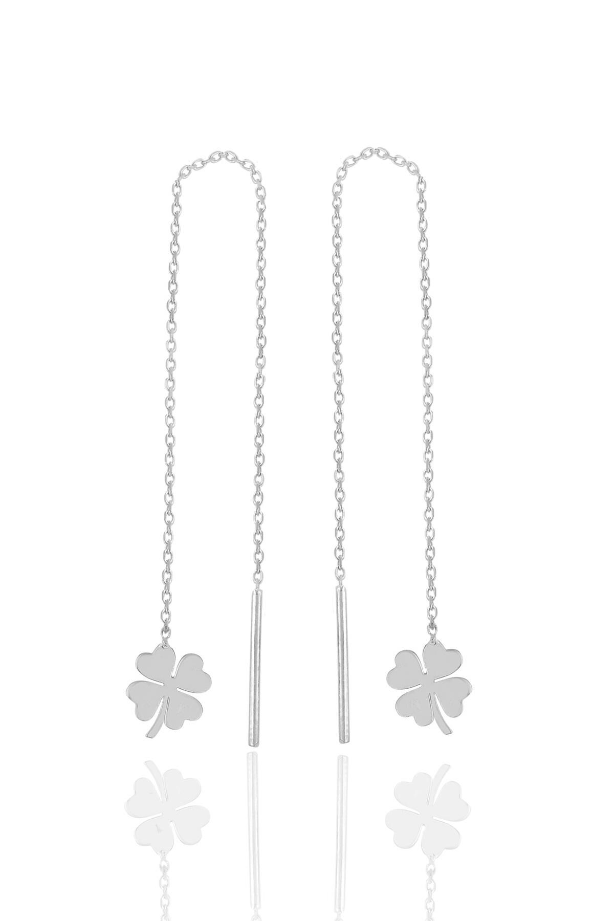 Gümüş rodyumlu yonca modeli gümüş zincir küpe SGTL11718RODAJ