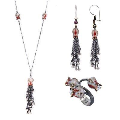 OTANTİK LALELİ VE MİNELİ PÜSKÜLLÜ ÜÇLÜ SET set8525