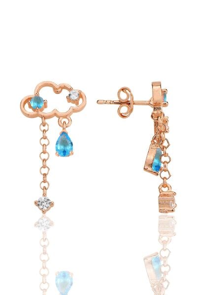 Gümüş rose akuamarin ve zirkon taşlı bulut küpe SGTL12346ROSE