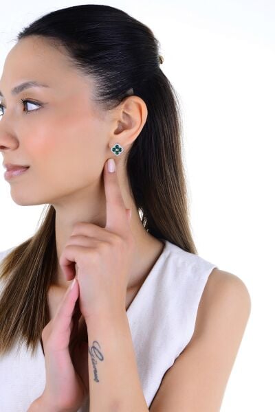 Gümüş rodyumlu yeşil zirkon taşlı trifolium yonca küpe SGTL13015YESIL