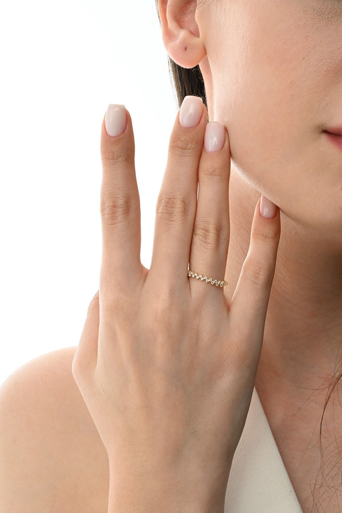 Gümüş altın yaldızlı zirkon taşlı zikzak modeli luna yüzük SGTL12873GOLD