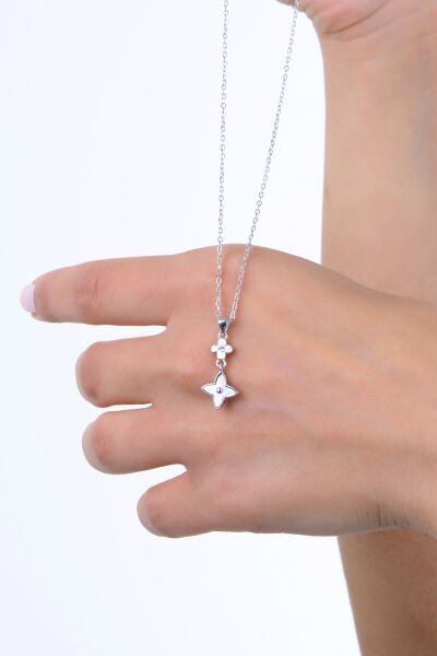 Gümüş rodyumlu sedef ve zirkon taşlı çiftli sallantılı yonca kolye ve küpe seti SGTL13018RODAJ