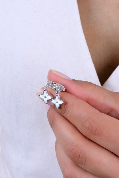 Gümüş rodyumlu sedef ve zirkon taşlı çiftli sallantılı yonca kolye ve küpe seti SGTL13018RODAJ