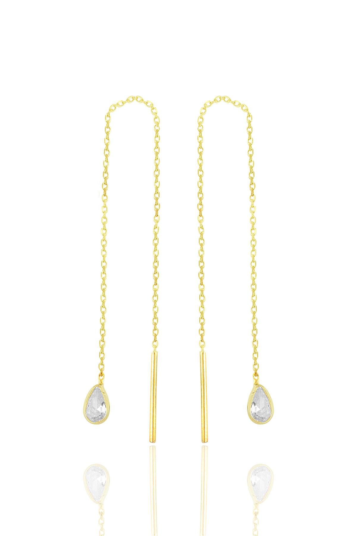 Gümüş altın yaldızlı zirkon taşlı damla zincir küpe SGTL11716GOLD