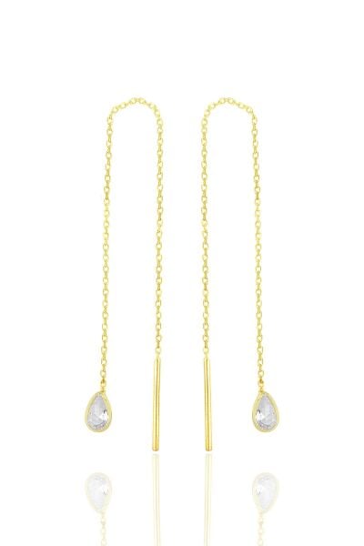 Gümüş altın yaldızlı zirkon taşlı damla zincir küpe SGTL11716GOLD