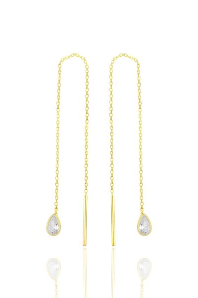 Gümüş altın yaldızlı zirkon taşlı damla zincir küpe SGTL11716GOLD
