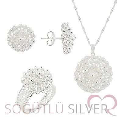 gümüş telkari topuz modeli üçlü set SGTL2768