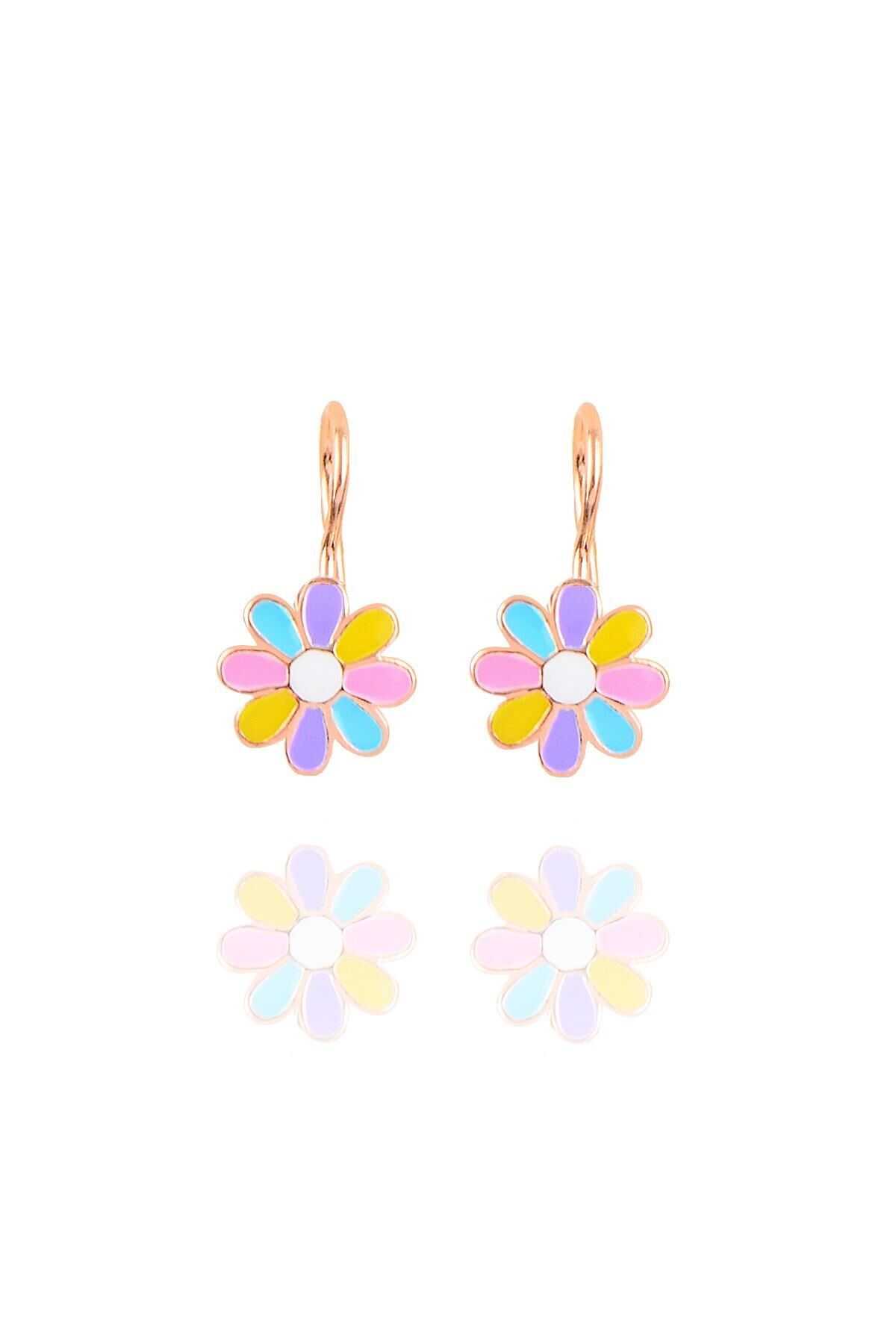 Gümüş rose renkli mineli çengelli papatya küpe SGTL10415ROSERENKLI