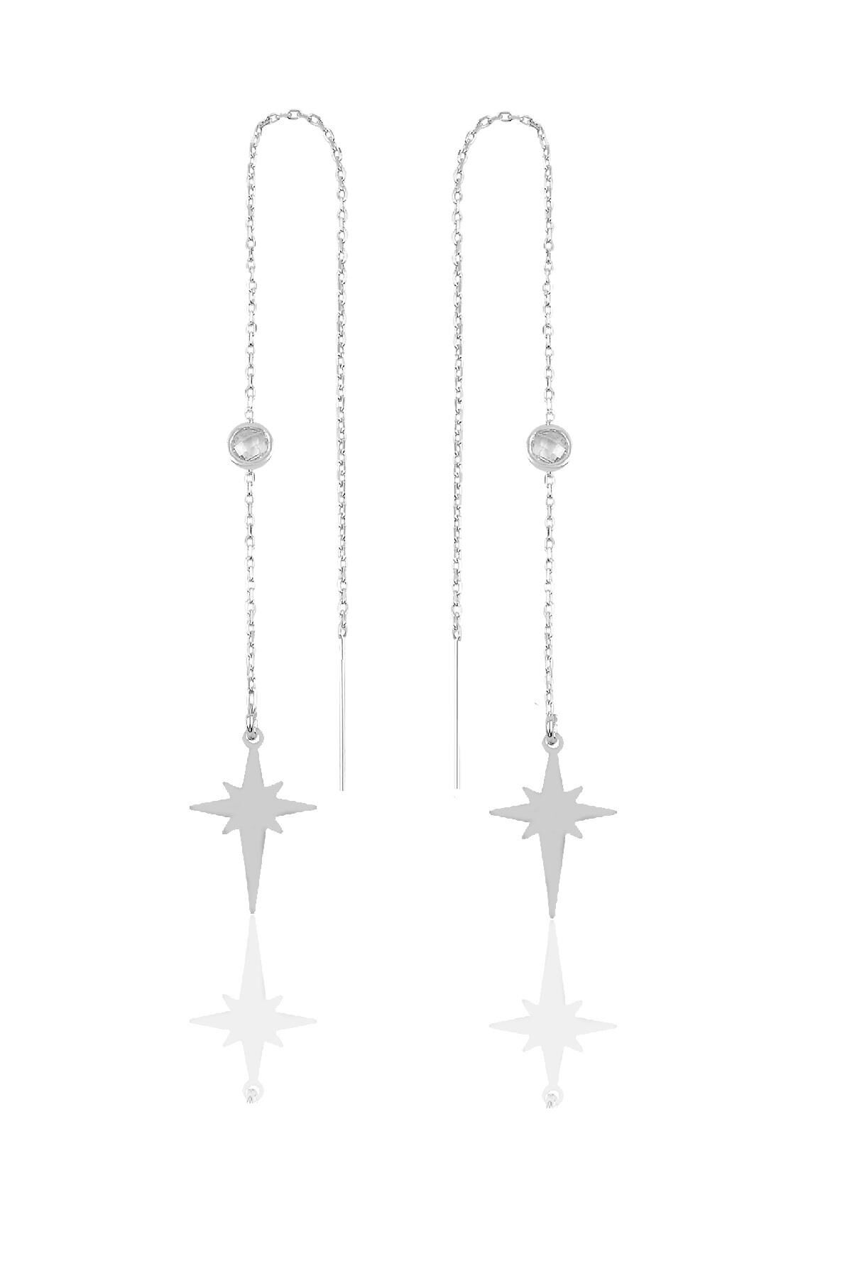 Gümüş  taşlı zincirli küpe kutup yıldızı modeli SGTL9862RODAJKYILDIZ