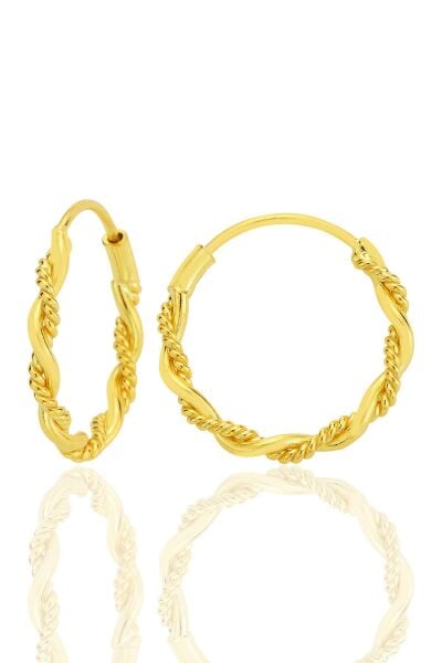Gümüş altın yaldızlı  işlemeli çift burgulu 18 mm halka küpe SGTL12751GOLD