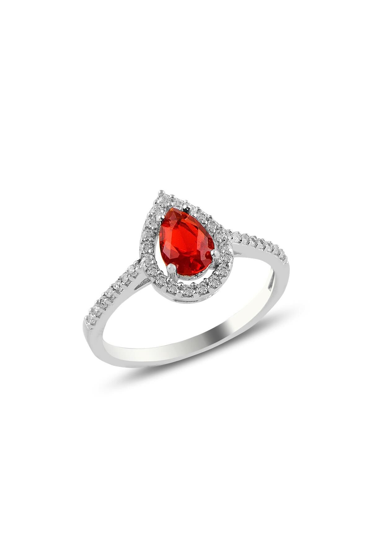 Gümüş rodyumlu kırmızı taşlı damla modeli yüzük SGTL11004KIRMIZI