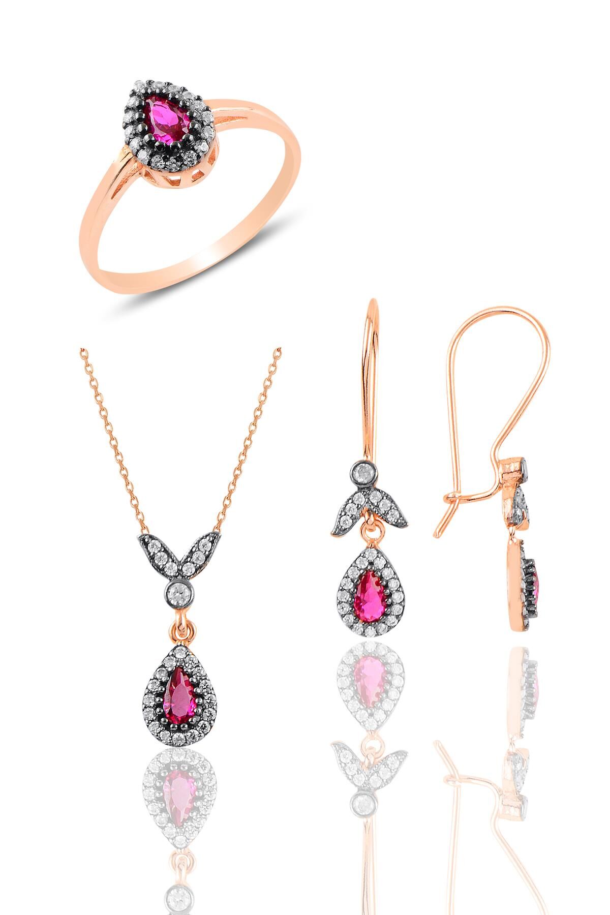 Gümüş rose kök yakut taşlı damla üçlü set  SGTL10988YAKUT