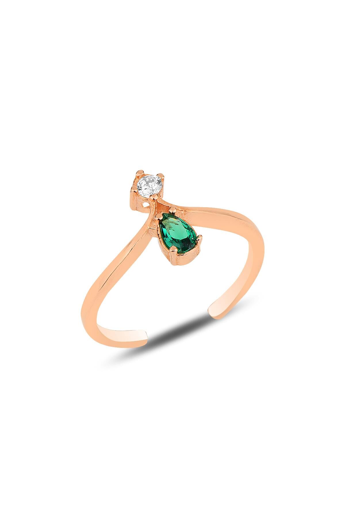 Gümüş rose yeşil taşlı taç modeli ayarlamalı damla yüzük SGTL12181YESIL